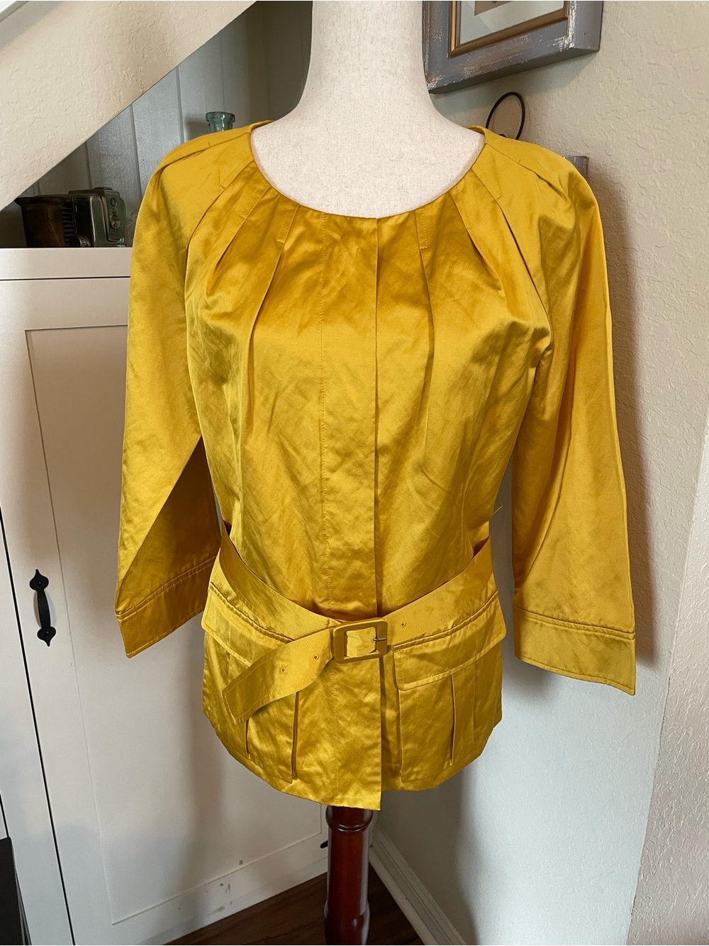 Lafayette 148 New York Yellow Structured Cotton Sateen Belted Blazer Jacket